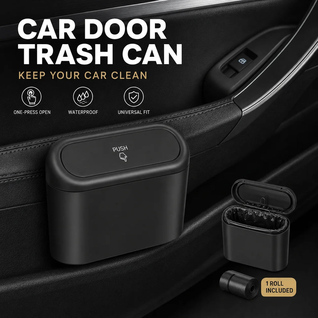 Universal Car Trash Can Organizer Waterproof Clip-On Garbage Bin with Push Lid Bag Roll for BMW Audi Mercedes Benz VW Porsche