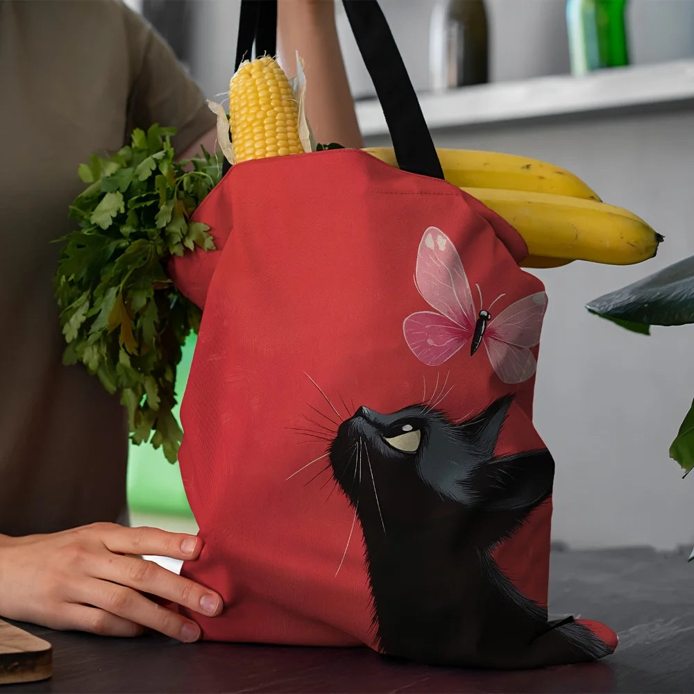 1pc Kitten and Butterfly Canvas Tote Bag - Durable Polyester, Rectangular Shape, Perfect for Shopping & Everyday Use