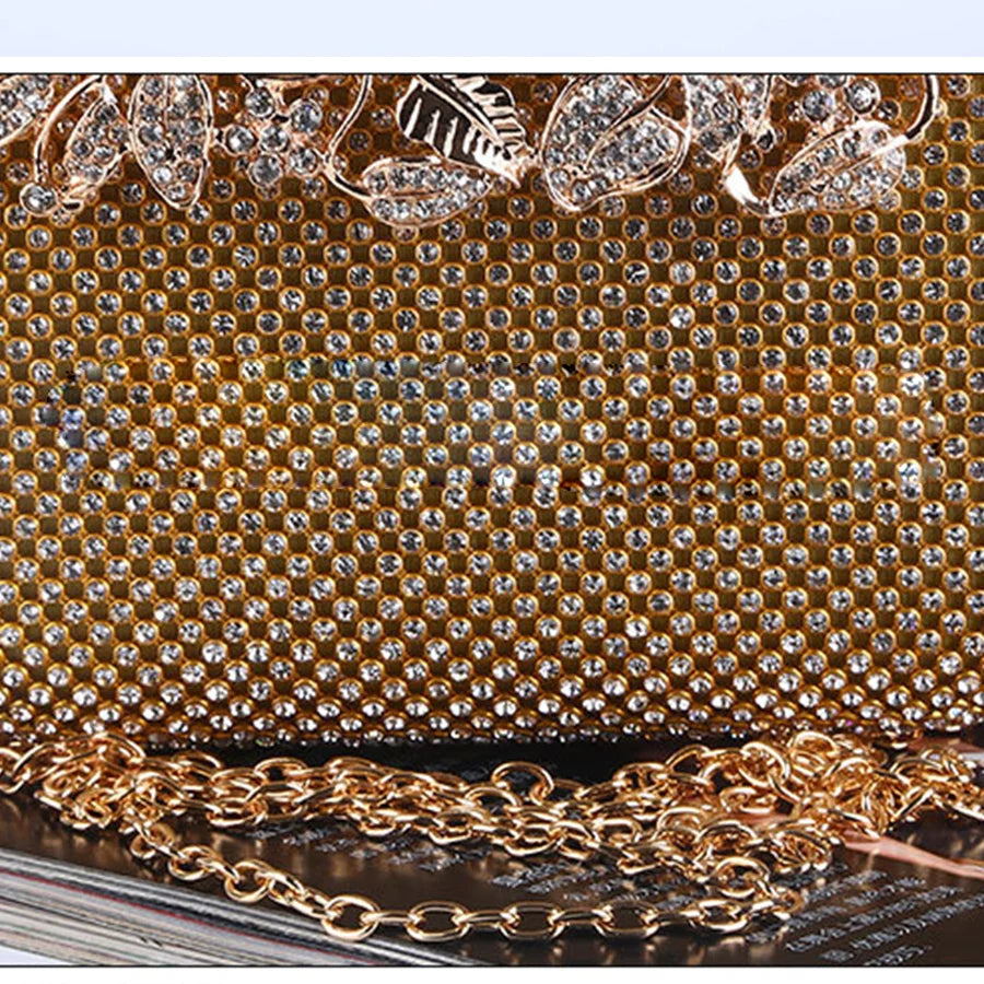 Shiny Diamond Evening Bag Flower Golden Handbag Boutique Novelty Metallic Rhinestone Clutch Purses Bridal Wedding Party Box Bags