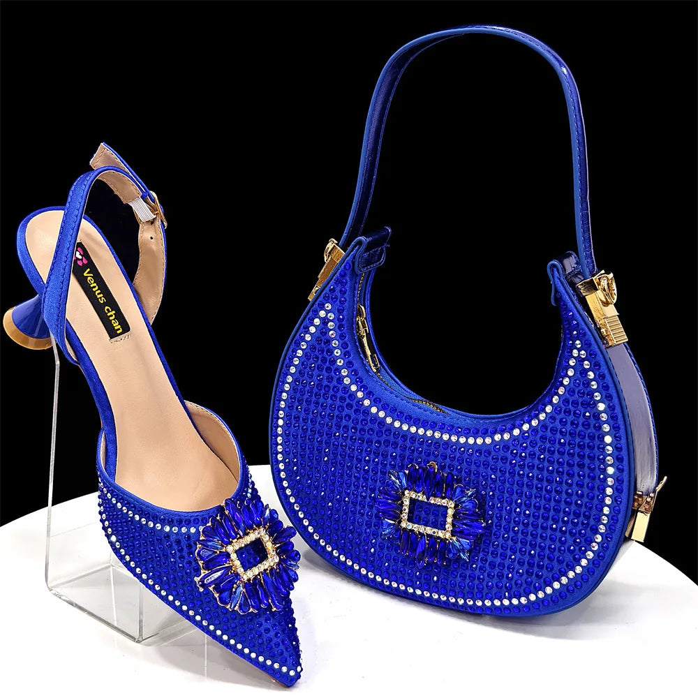 Ladies pointed shoe bag set, diamond buckle flower decoration, wine glass heel, with clutch bag (soft)