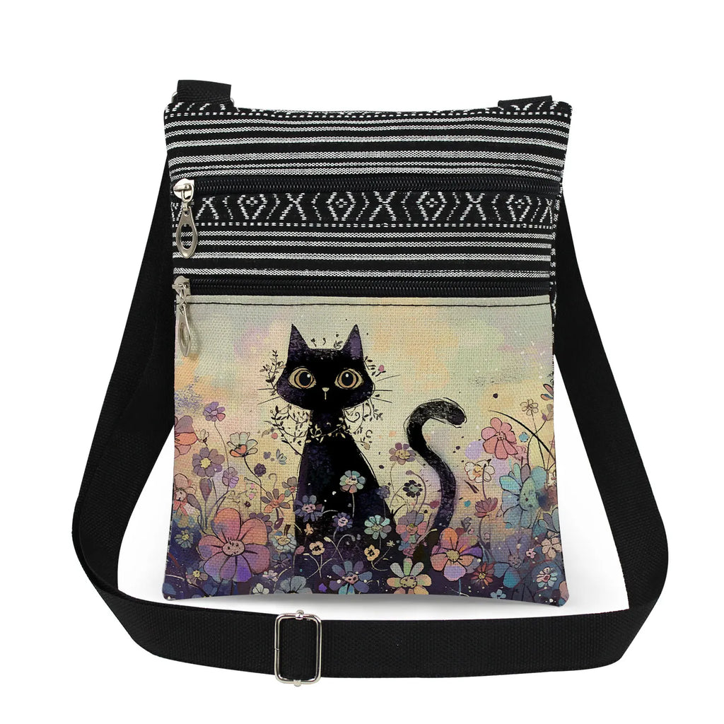 Cute Cartoon Black Cat Print Crossbody Bags Shoulder Bags For Women Daily Travel Portable Small Messenger Bags Catkeeper Gift