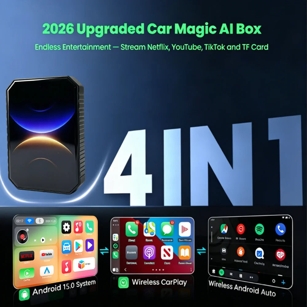 PLAYAIBOX CarPlay Ai Box Wireless CarPlay Android TV Box Let Wired CarPlay To Smart Android 15 System Built in Youtube Netflix