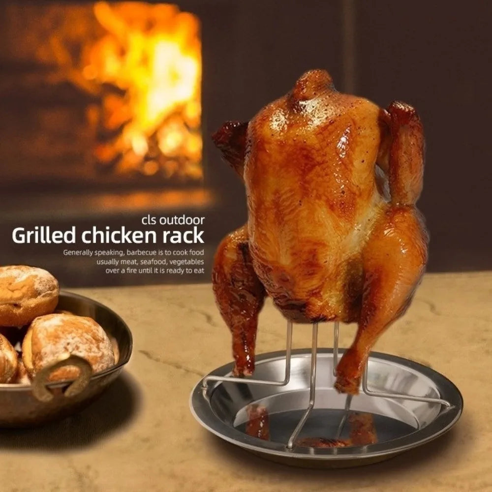 Roasting Grill Stand with Bowl Chicken Roaster Rack Kitchen Outdoor BBQ Tools Stainless Steel Non-stick Grilled Chicken Holder