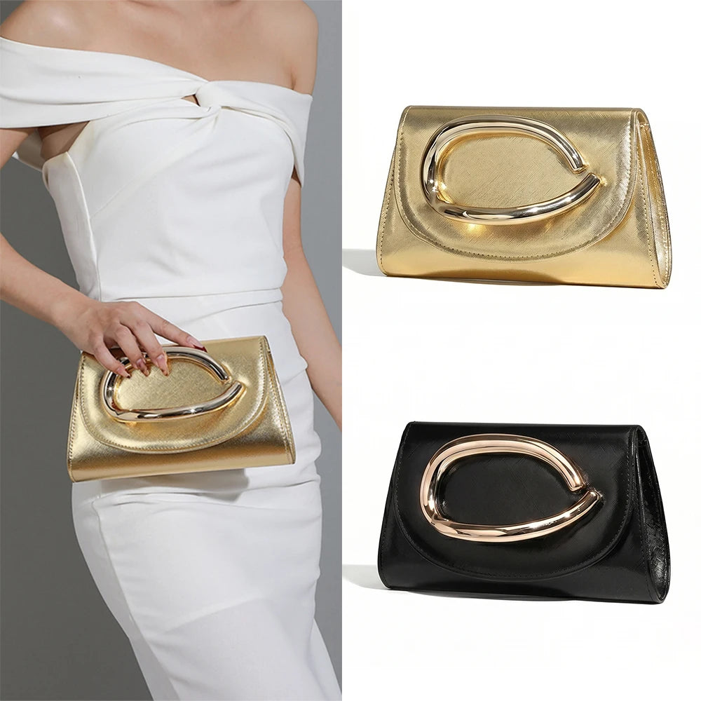 Women's Elegant Metallic Evening Clutch Bag, Luxury Party Purse, Crossbody Handbag With Chain Strap For Wedding Prom Banquet