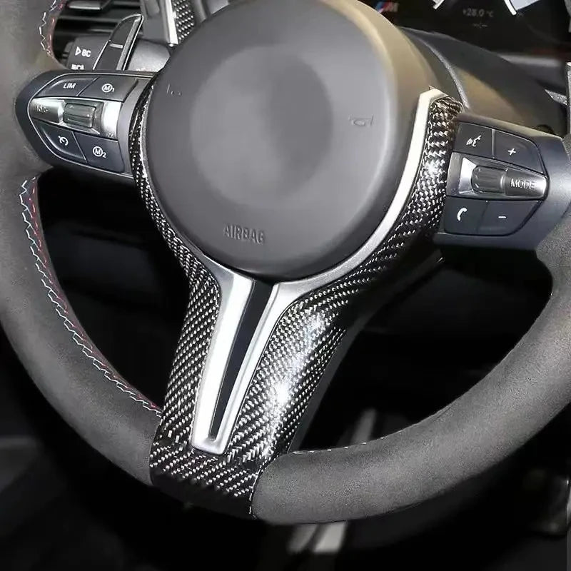 For BMW F20 F22 F30 F31 F32 F33 F36 F10 F06 F12 F13 F15 F16 M-Sport Replacement Style ABS+Carbon Fiber Steering Wheel Trim