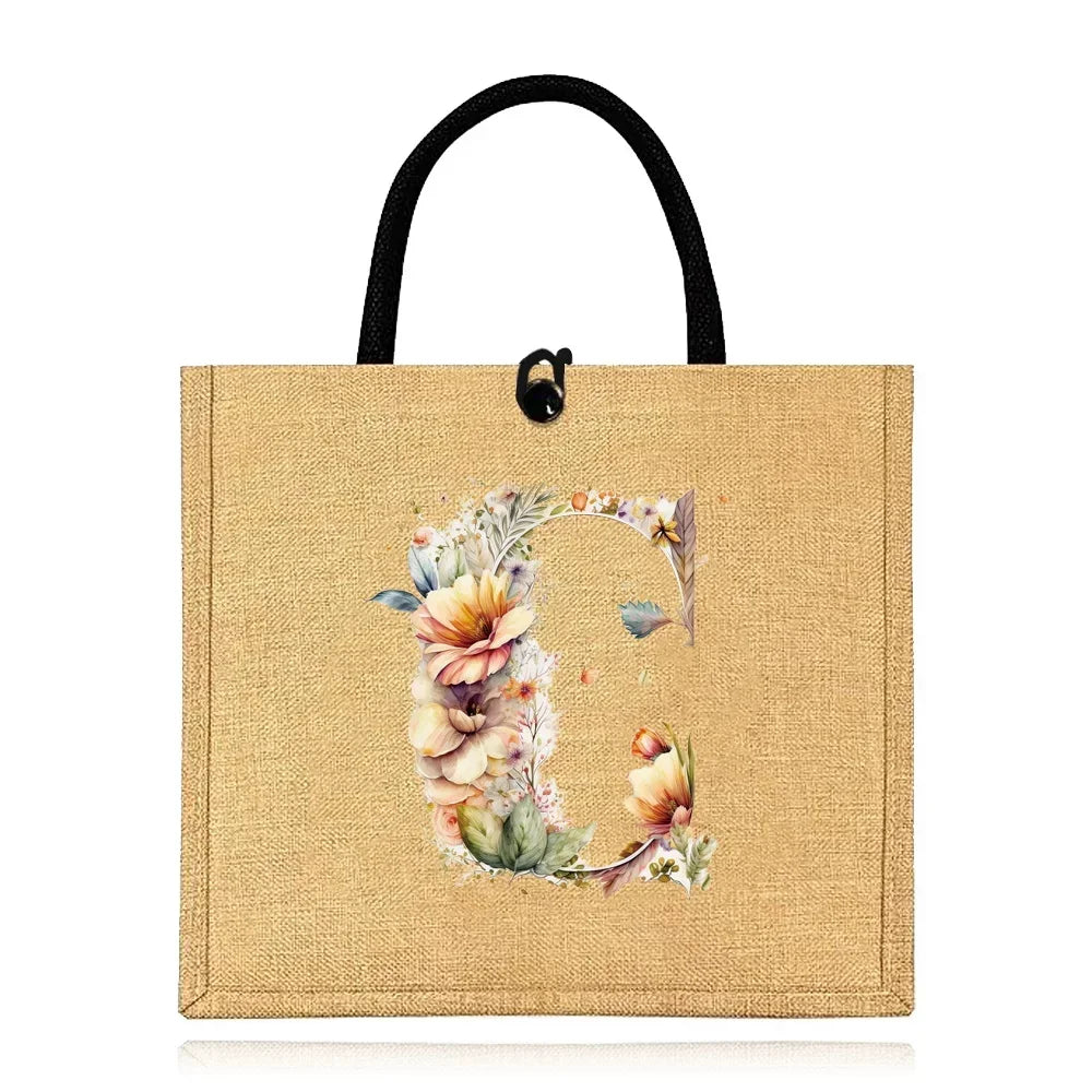 Flax Bag Fastener Handbag Organizer Storage Jute Tote Bags Imitation Cotton Women Valise Portable Floral Letter Printing Series