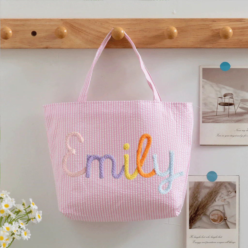 Custom Seersucker Cosmetic Handbag and Travel Organizer — Personalized Chenille Letter Toiletry Bag and Summer Beach Tote