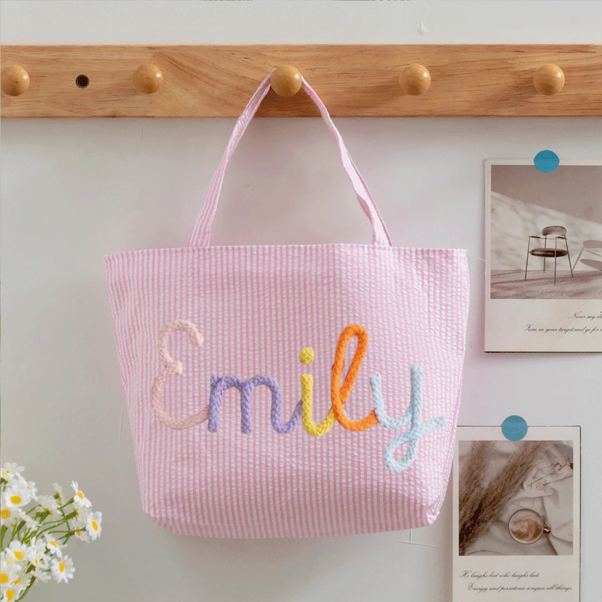 Custom Seersucker Cosmetic Handbag and Travel Organizer — Personalized Chenille Letter Toiletry Bag and Summer Beach Tote