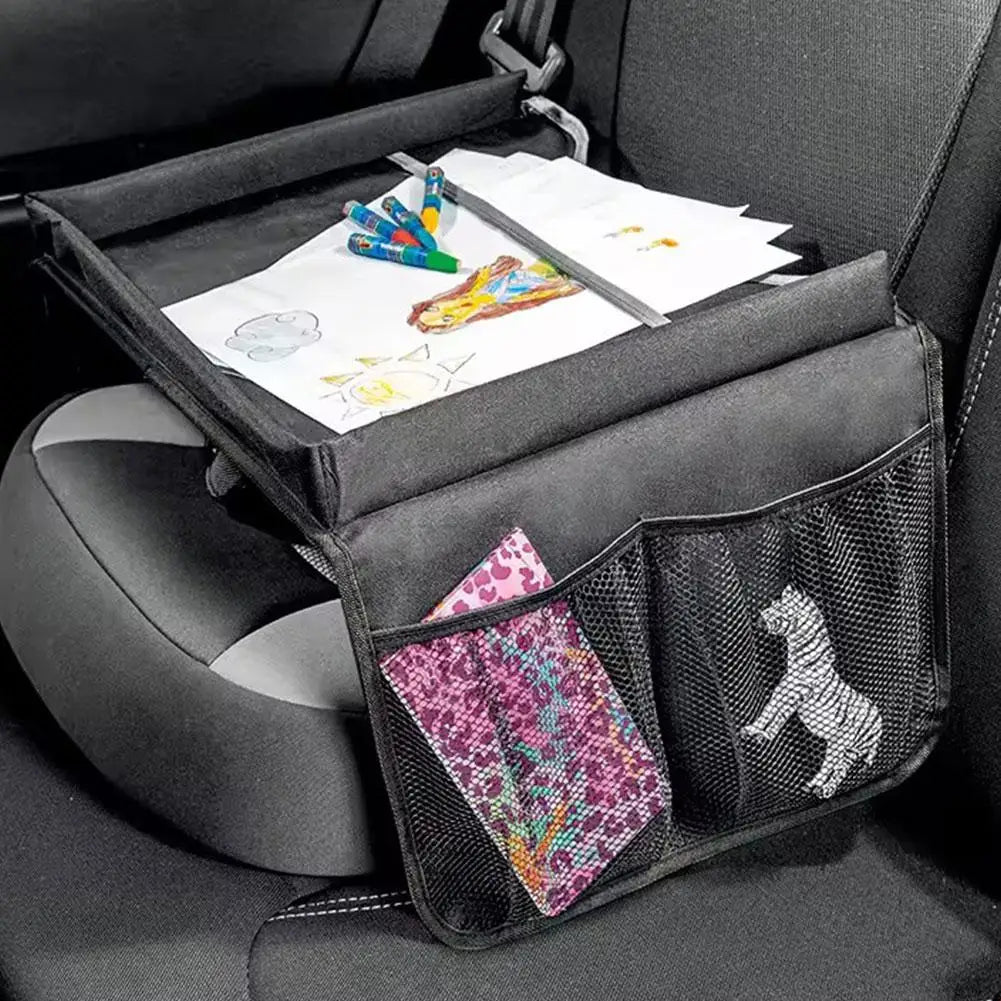 Foldable Car Seat Travel Tray Portable Car Interior Safety Seat Play Table with Storage Pockets For Kids Dining Drawing Organize