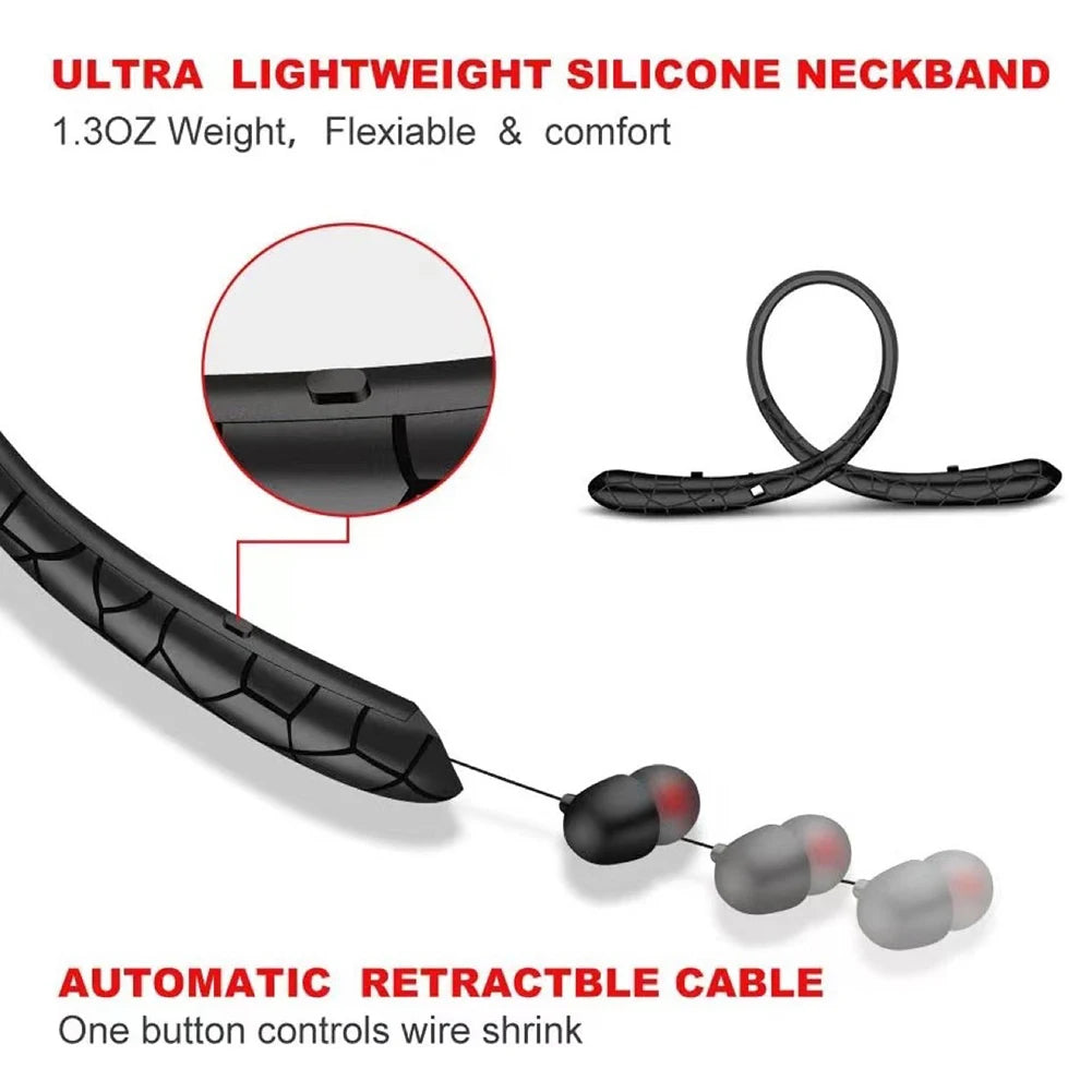 Neckband Headset Noise Canceling Workout Headphones Bluetooth-Compatible5.0 Retractable Earbuds with Mic for iPhone/Samsung/LG