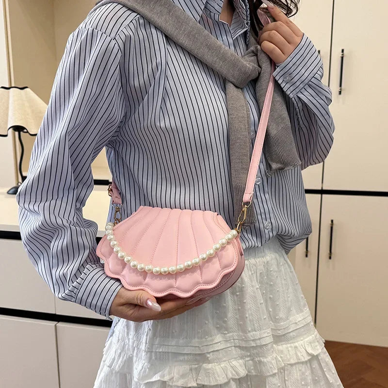 Durable Cute Shell Shoulder Bag Minimalist with Pearls Design Crossbody Bag PU Leather Pearl Decorated Handbag for Women Girls