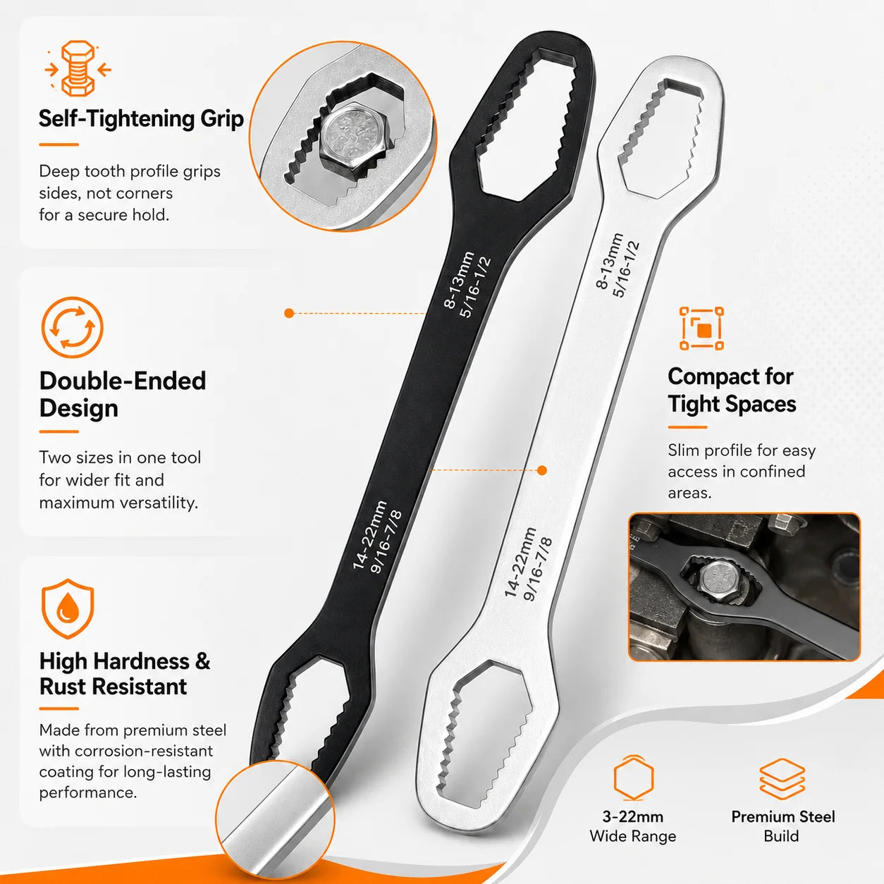 YONGRUN 1PC Universal Motorcycle Wrench 3-17mm 8-22mm Multi Function Repair Spanner Compact Bike Tool for Nut Bolt Adjustment
