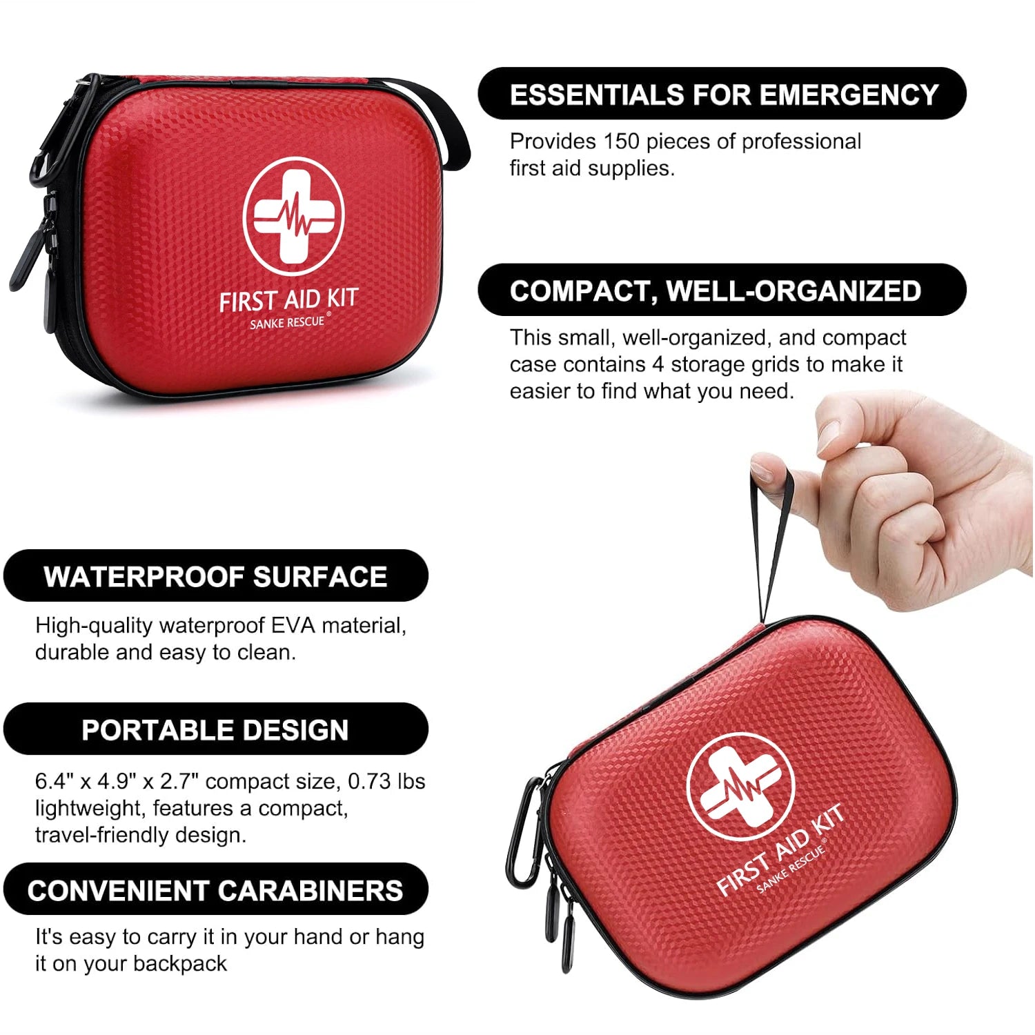 150 Piece Mini First Aid Kit Small Waterproof Hard Shell Medical Kit for Home Car Travel Camping Truck Hiking Sports Office