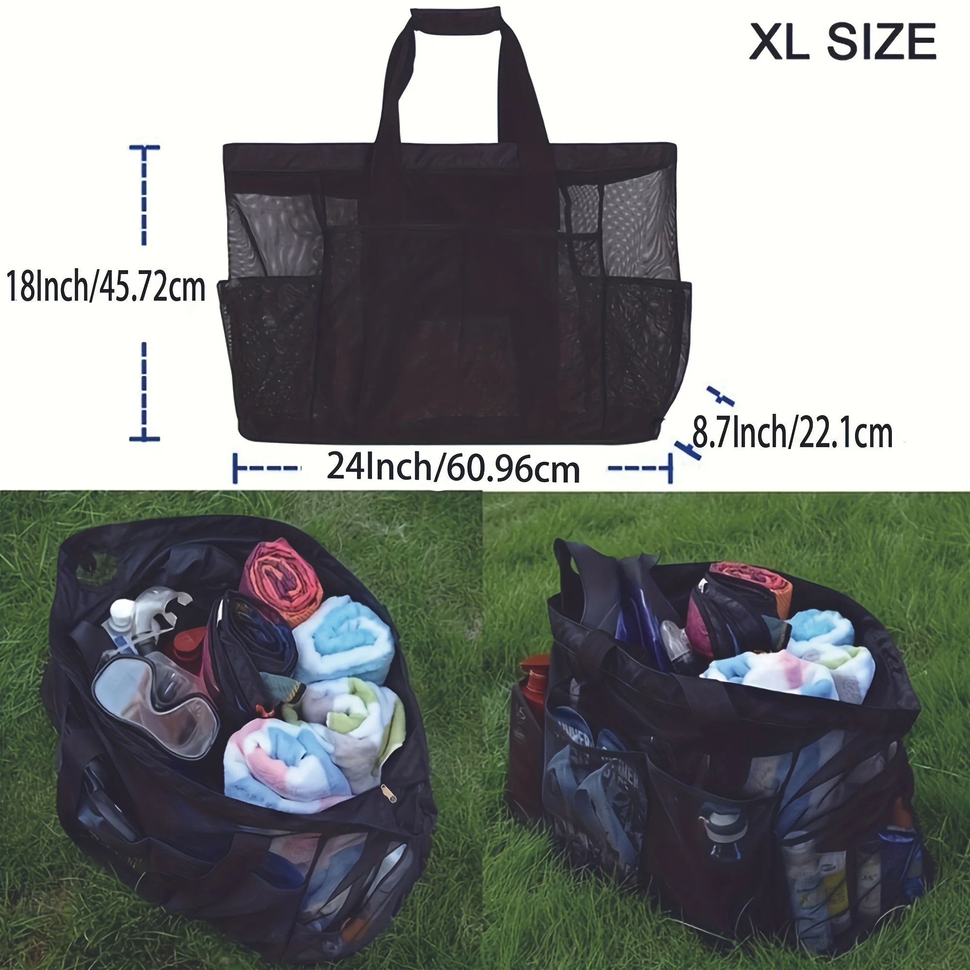 Large Beach Tote Bag, Mesh Pockets, Zipper, Multi Compartments - Durable Nylon for Beach Vacations, Cruises, Outdoor Essentials