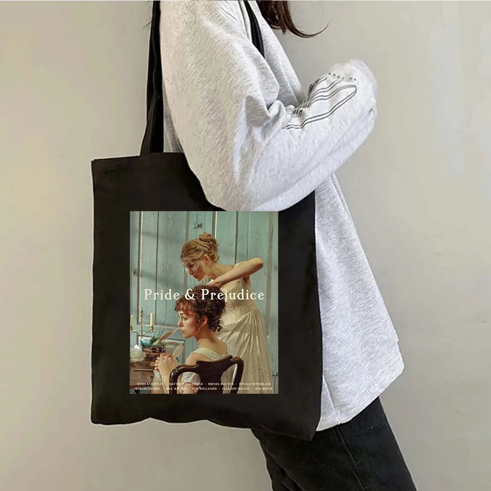More Pride Less Prejudice Jane Austen Pride Prejudice Elizabeth Darcy Book Bennet Cartoon Shopper Canvas Tote Bag Cotton Handbag