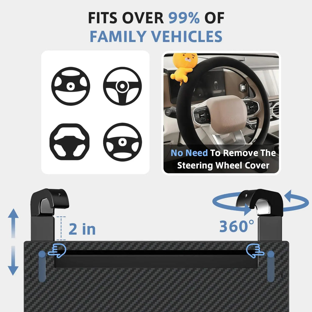 Carbon Fiber Design Auto Steering Wheel Tray Multipurpose Adjustable Car Table with Drawer and Anti-Slip Protective Adhesive