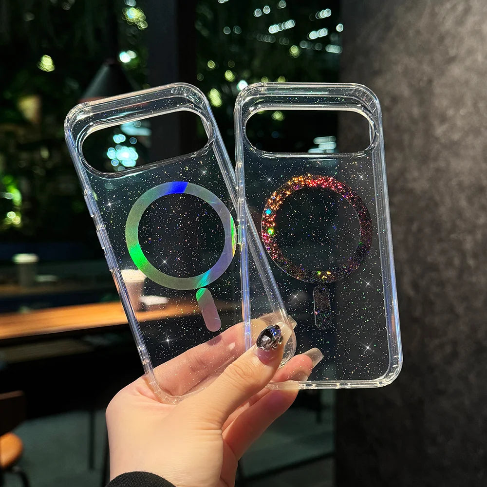 Bling Glitter Transparent Wireless Charge for Magsafe Phone Case For Google Pixel8 A Pro 9Pro XL Magnetic Clear Shockproof Cover