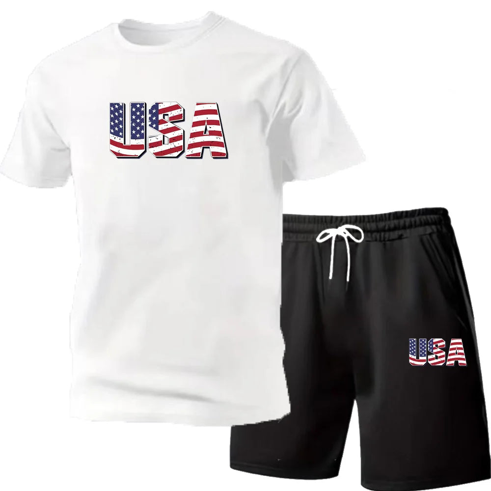 Men's new street fashion casual outdoor T-shirt shorts two-piece set 2026 men's summer outdoor sports breathable set