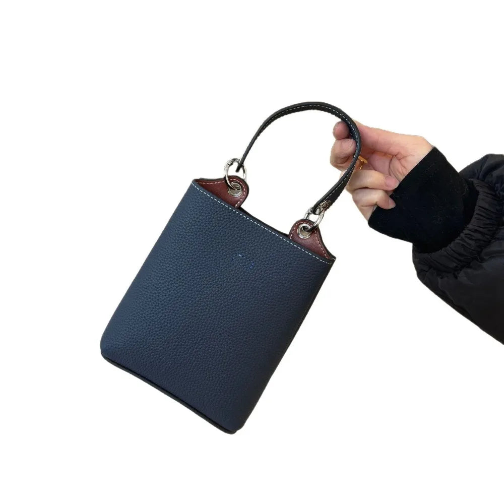 Contrasting Color First Layer Cowhide Mobile Phone Bag, New Mini Bucket Multi-function Portable Shoulder Messenger Women's Bag