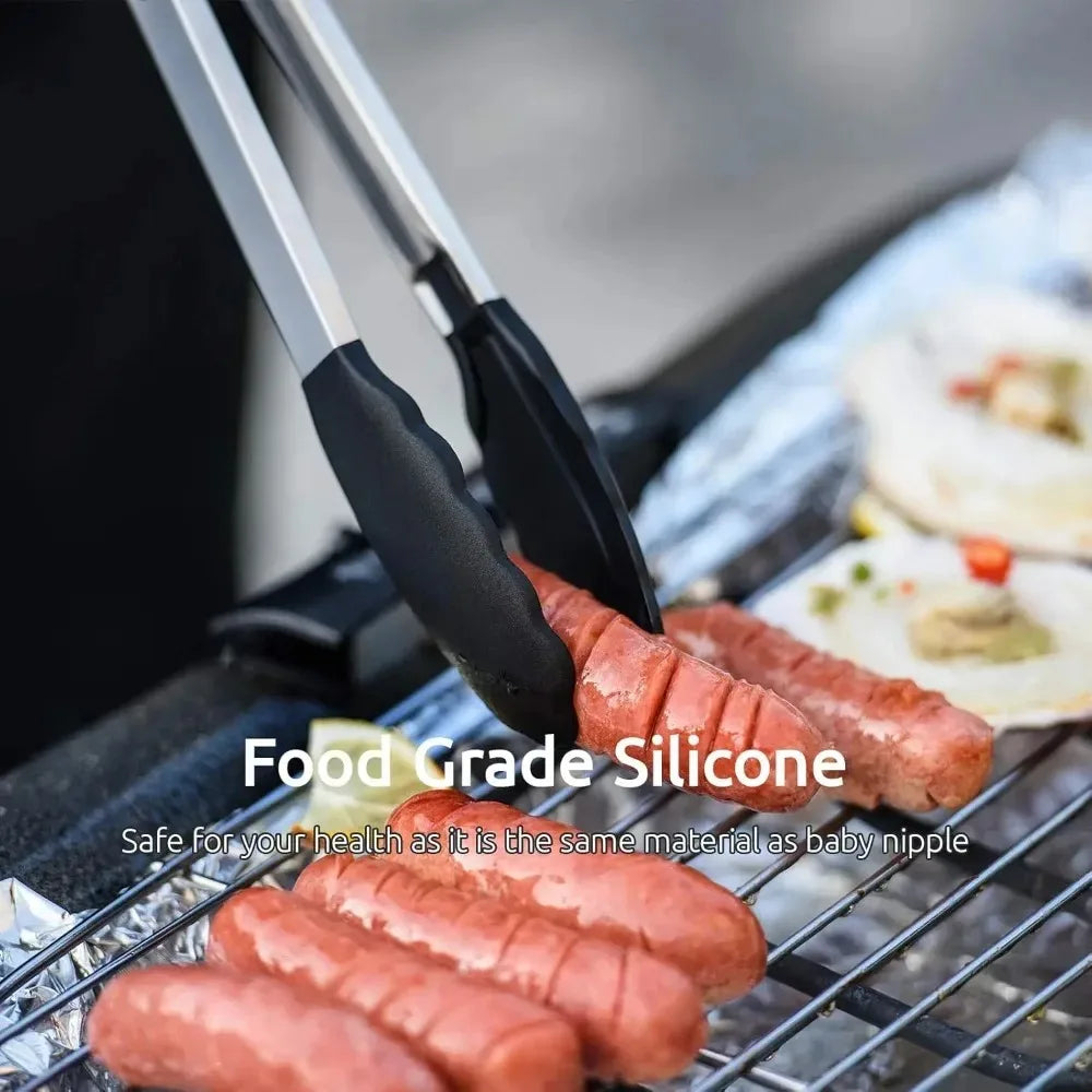 Multi-Size Lock Kitchen Tongs 7/9/12Inch Silicone Tip Heat Resistant Barbecue Gadget for Home Cooking Outdoor BBQ Use
