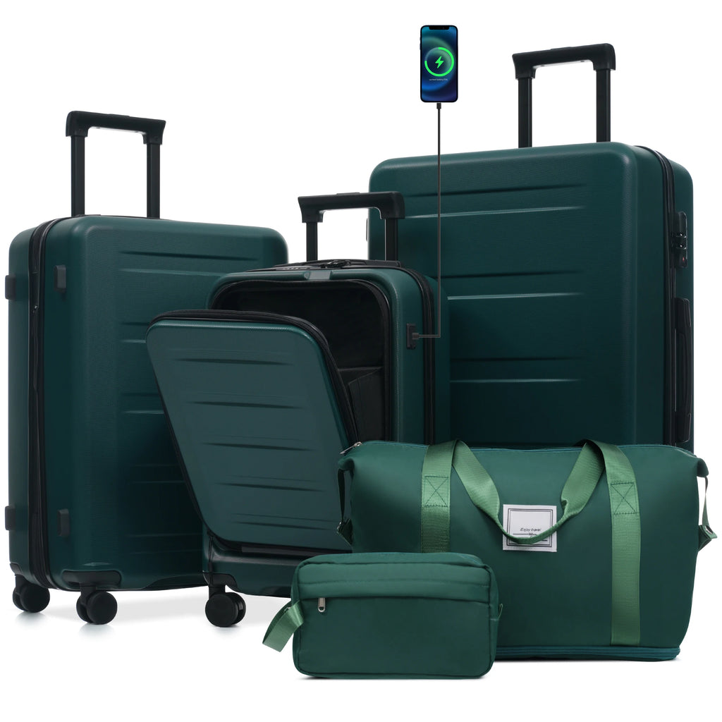 Luggage Sets 5 Piece with Front Opening, Hardside Expandable Carry On Suitcase Set with Double Spinner Wheel