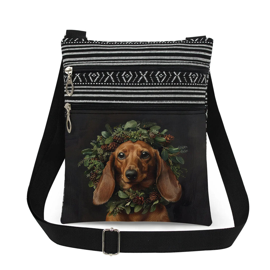 Cute Dachshund Print Crossbody Bag Female Floral Animal Shoulder Bags Fashion Outdoor Portable Double Zipper Lady Messenger Bag