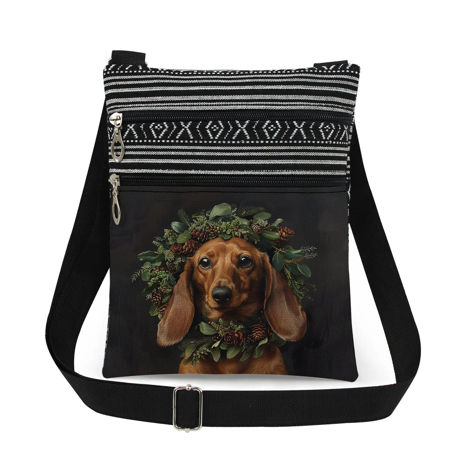 Cute Dachshund Print Crossbody Bag Female Floral Animal Shoulder Bags Fashion Outdoor Portable Double Zipper Lady Messenger Bag