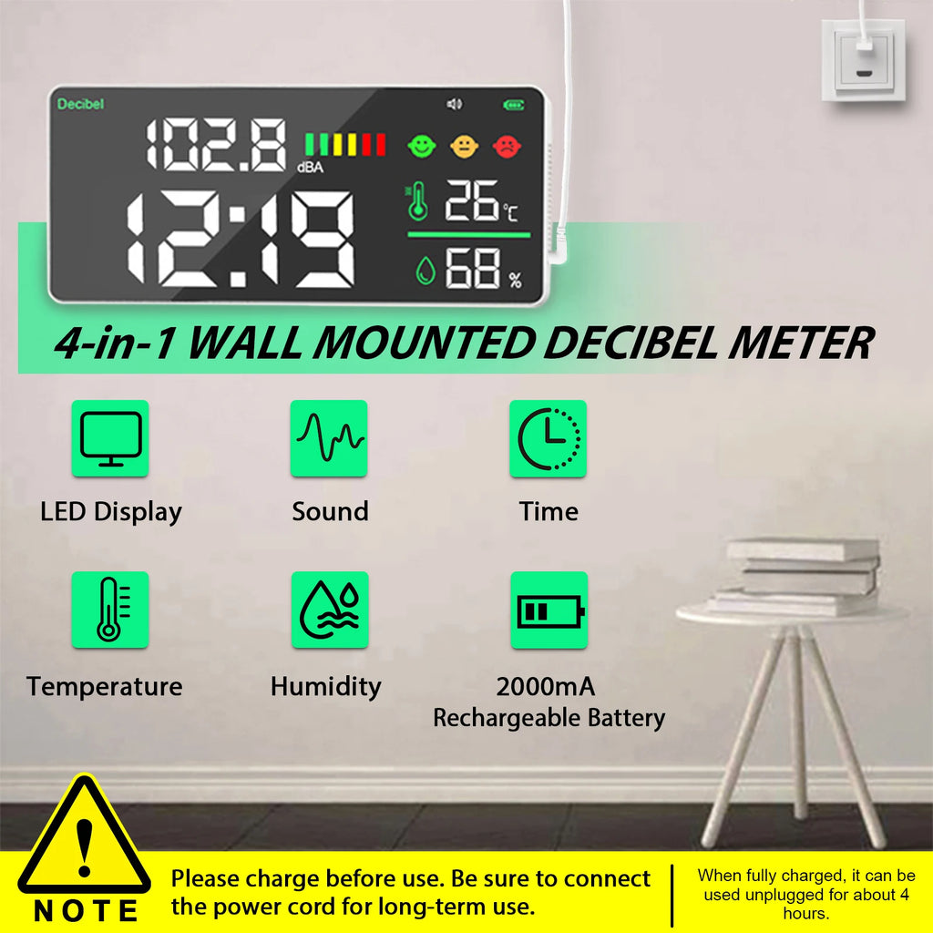 Noise dB Meter 30 - 130dB Range Precise Decibel Meter Temperature Humidity  Monitor, Large LED Screen  Adjustable Brightness