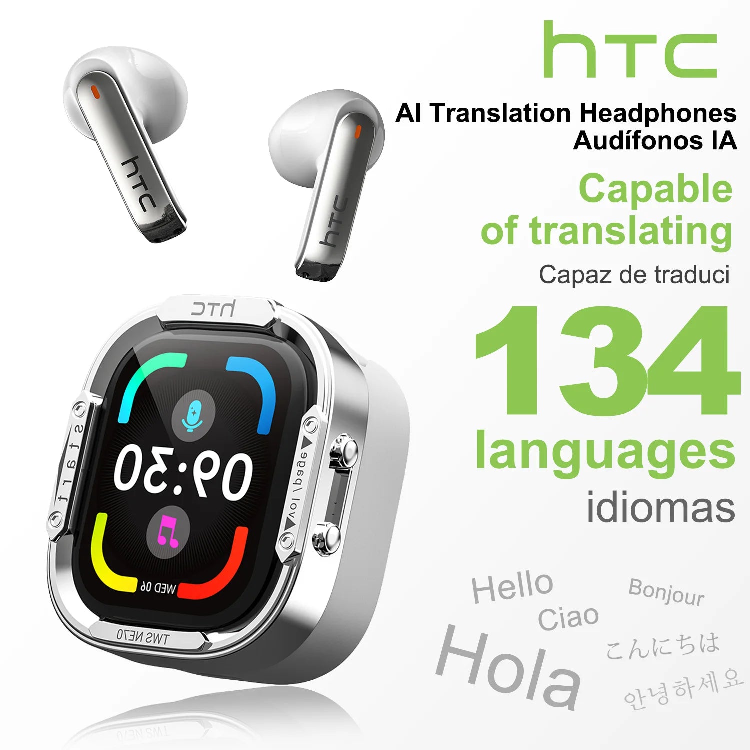 HTC NE70 Bluetooth Earphones Touch Screen TWS In-Ear Wireless Headphones AI Translator Noise Reduction Earbuds Game Heatset