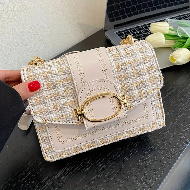 Chic Mini Plaid Tweed Crossbody Bag with Adjustable Strap, Fashionable Buckle Closure - Available in Cream, Green, Blue, Black