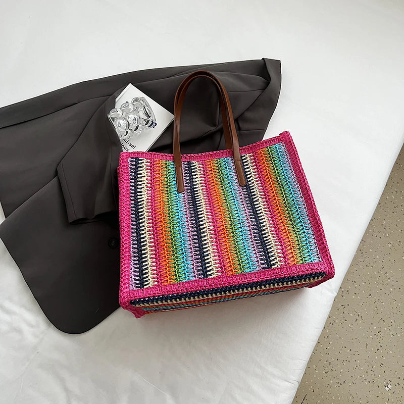 LEFTSIDE Stripe Big Straw Tote Bags for Women 2025 Y2k Fashion Summer Shoulder Bags Handbags and Purses Weave Beach Bag
