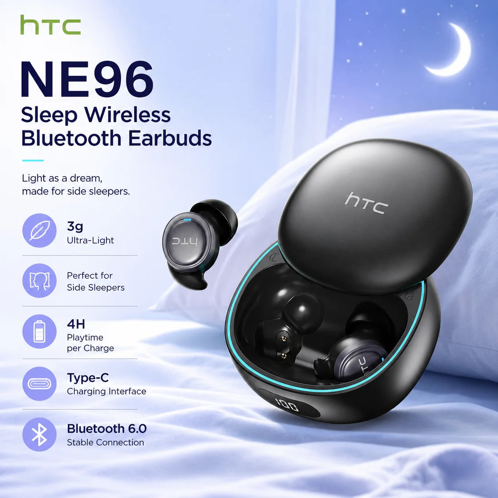 HTC NE96 Wireless Headphones Low Latency Bluetooth Earphones 3g Ultra-Lightweight Soft Sleep Friendly TWS Sports In-Ear Earbuds