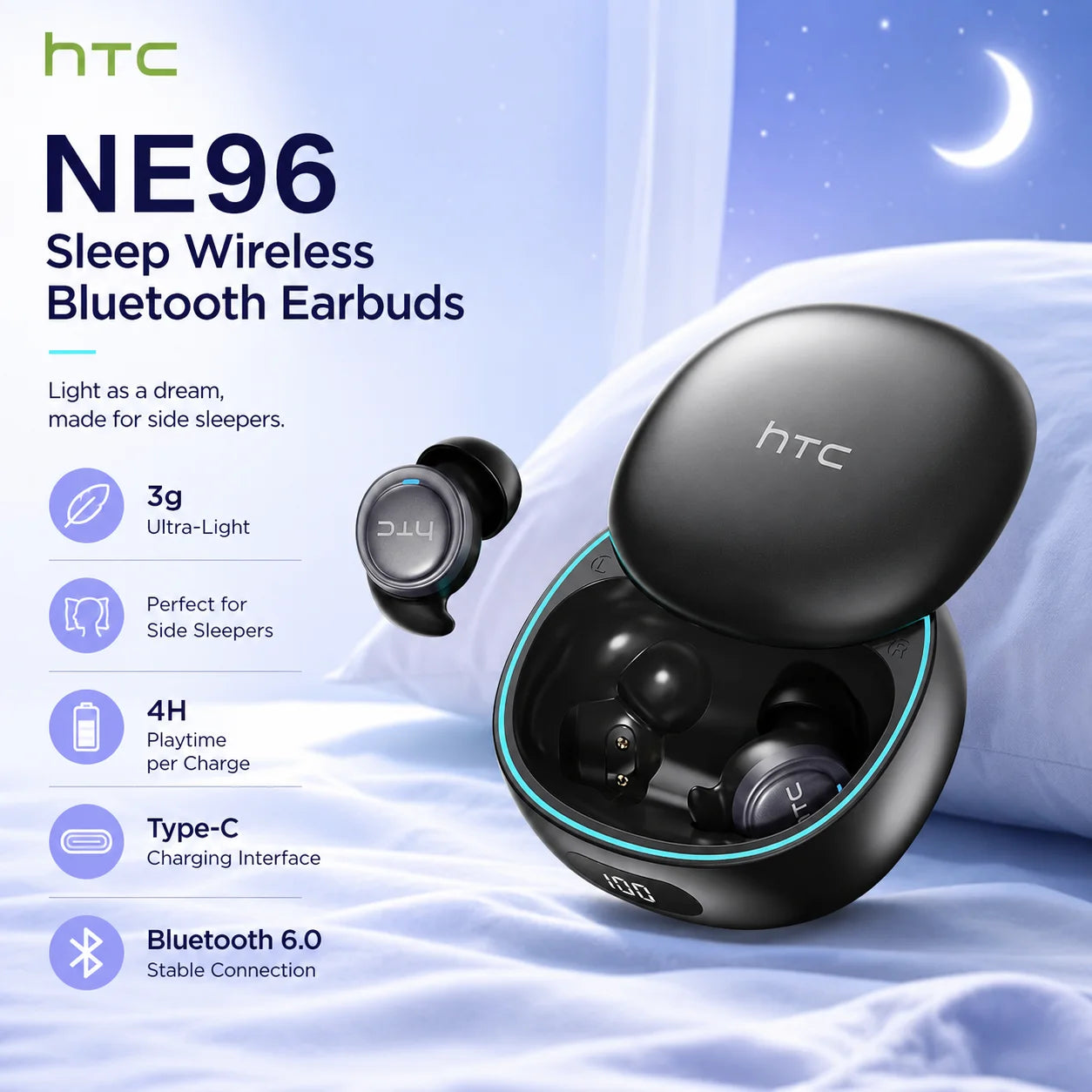 HTC NE96 Wireless Headphones Low Latency Bluetooth Earphones 3g Ultra-Lightweight Soft Sleep Friendly TWS Sports In-Ear Earbuds