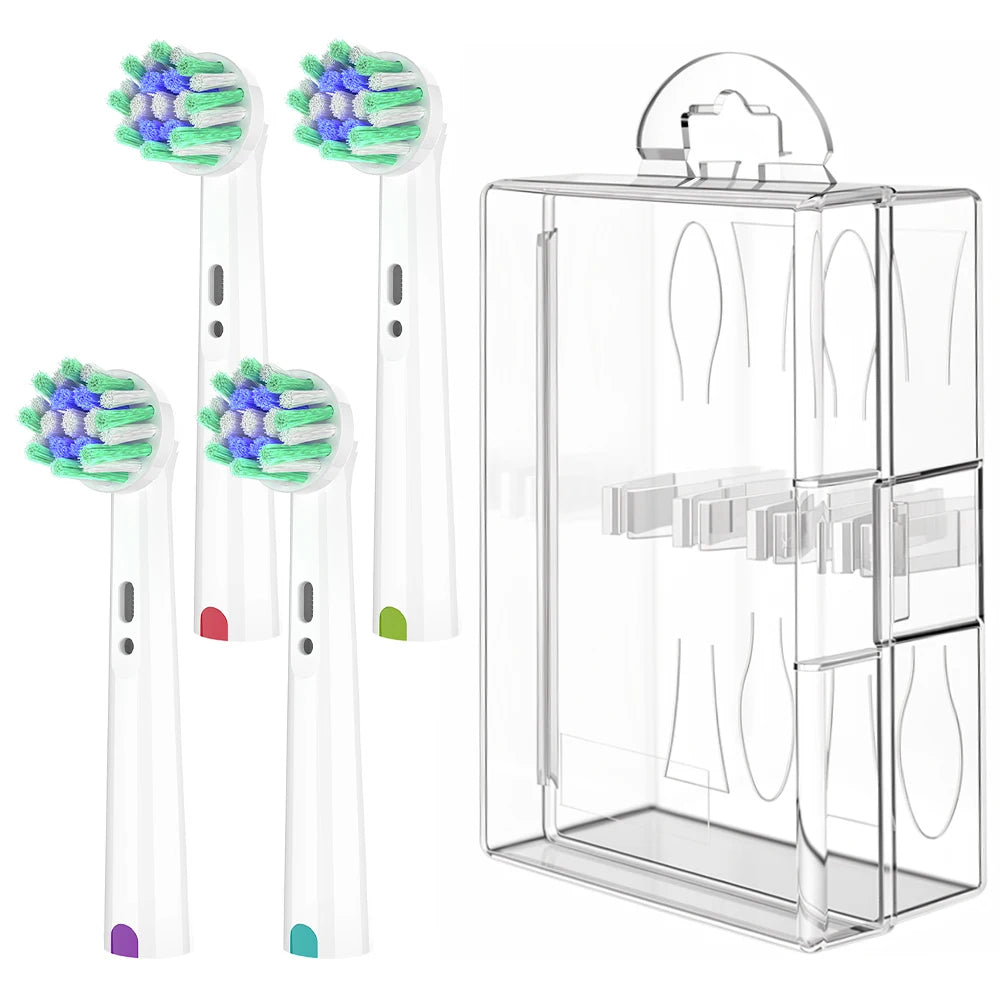 Toothbrush Head Travel Case with 4x Professional Cross Clean Replacement Brush Heads Compatible with Oral B Electric Toothbrush