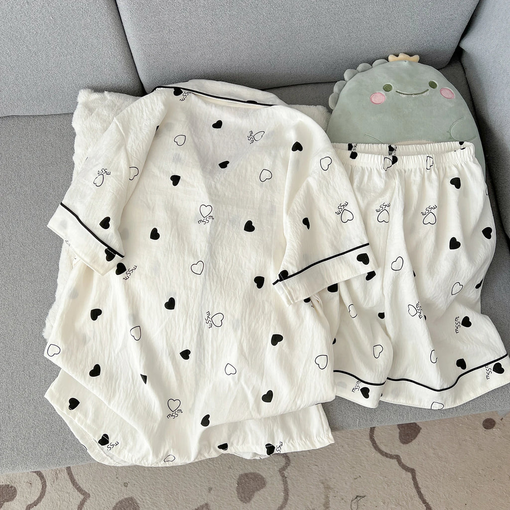Women's Summer Thin Pajamas with Heart-Shaped Pattern, Short-Sleeved Shorts, Sweet and Cute, Can Be Worn Outside in Summer, Two-Piece Home Wear Set