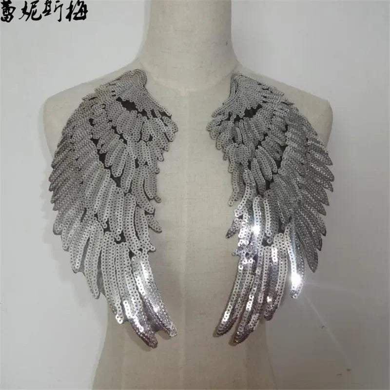 1Pair Large Size Gold Silver Applique Wings Embroidery Patch Fabric Sticker Iron On Patch Craft Sewing Repair Embroidered BD383