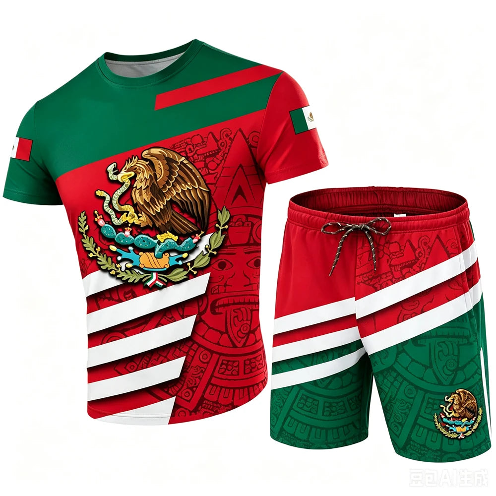Mexico National Flag Pattern Men's Sets Fashion 3D Eagle Printing Short Sleeve Tees and Shorts 2 Piece Casual Loose Summer Suits