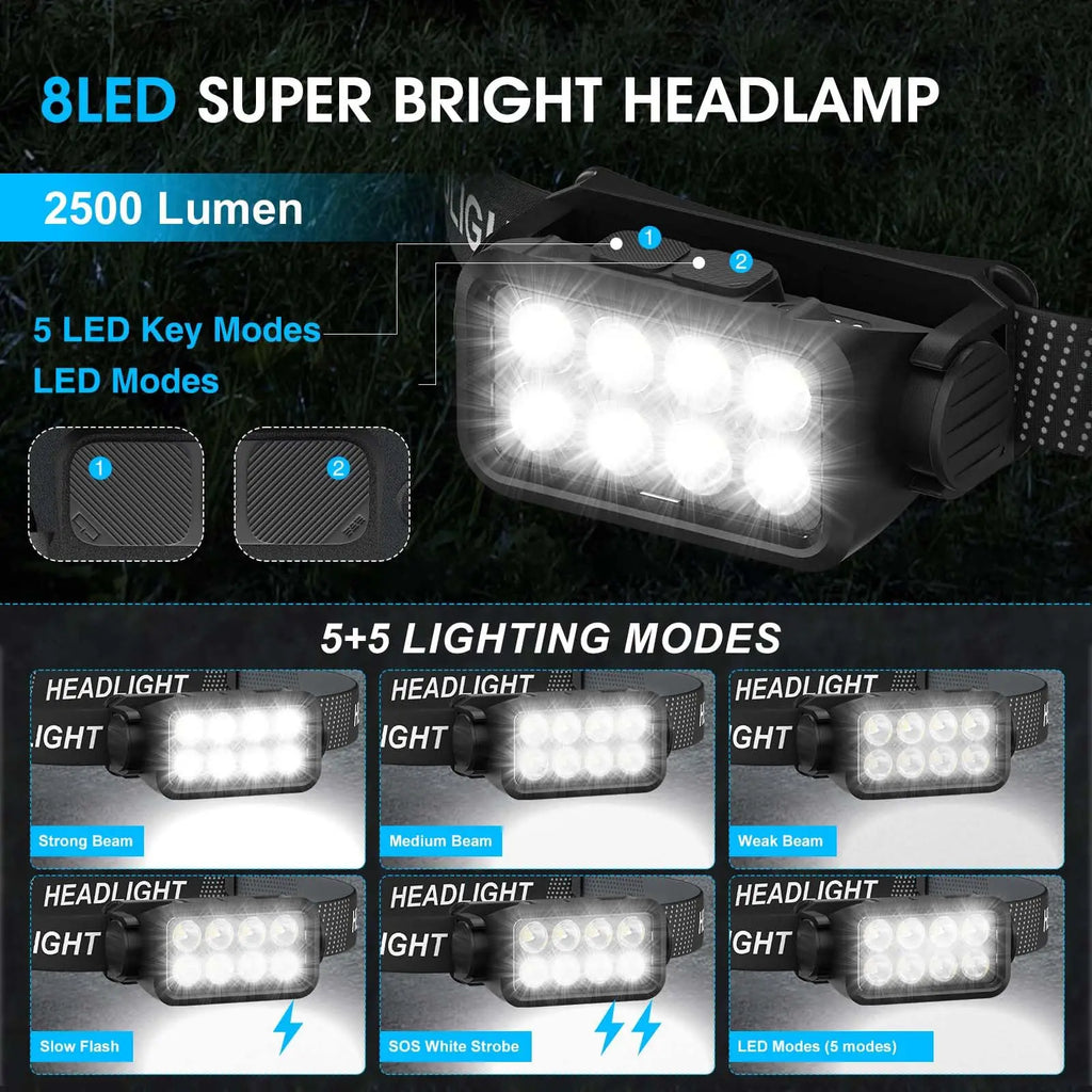 Motion Sensor Headlight Motion Sensor Camping Flashlight 8 LED Rechargeable Ultra Bright Lantern Outdoor Hiking Fishing Headlamp