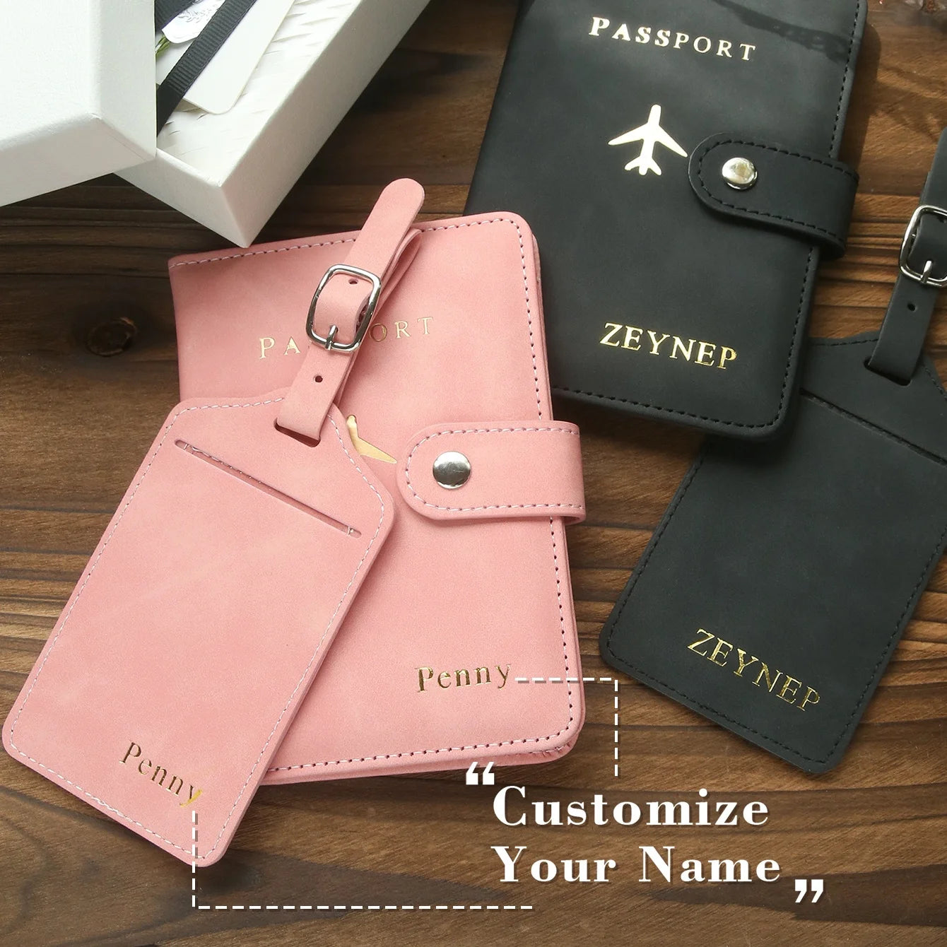 Custom Hot Stamping Name Passport Holder & Luggage Tag Customized Golden Monogram Name Textured Synthetic Leather Passport Cover