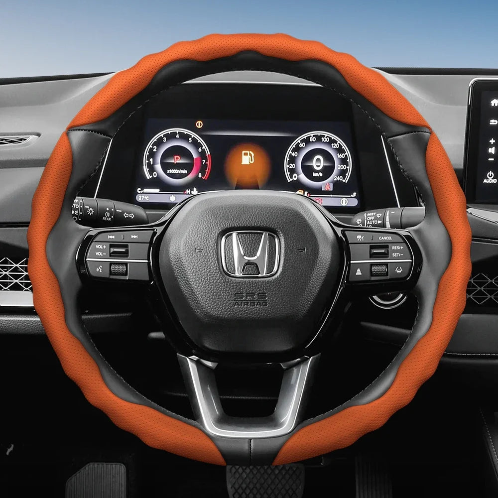 Steering Wheel Cover Suitable for Honda, Wave-Shaped Sporty Design, Breathable Leather, Segmented Design, Non-Slip