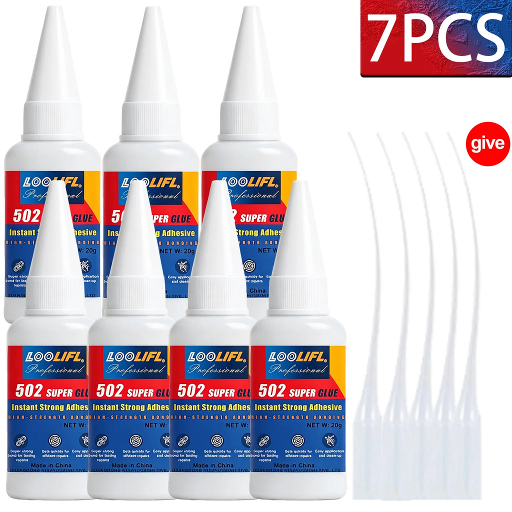 LOOLIFL 1-7pcs 502 Super Glue Quick-drying Cyanoacrylate Instant Adhesive for Glass Wood Metal Strong Bond Liquid Glue Tool 20G