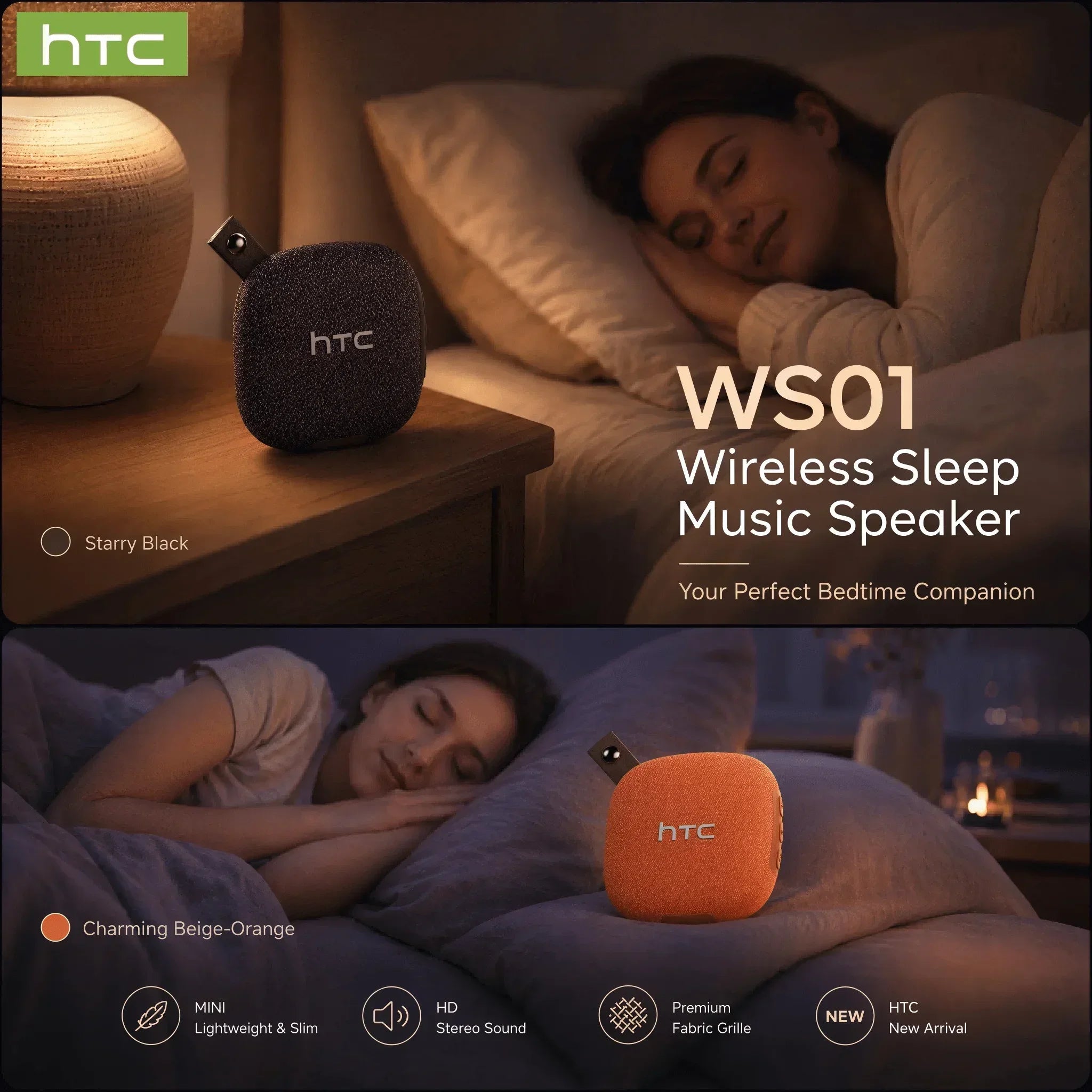 HTC WS01 Pillow Speaker for Sleeping: Ultra-Thin Bluetooth Speaker, Under Pillow Speaker, Sleeping Speaker Ultra-Light Portable