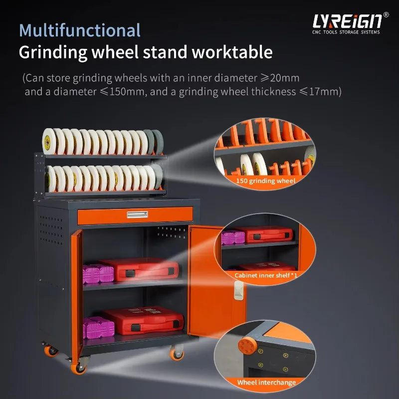 LYREIGN Mobile Grinding Wheel Storage Cabinet Heavy Duty Metal Grinding Wheel Rack Trolley for Surface Grinder Workshop Tool