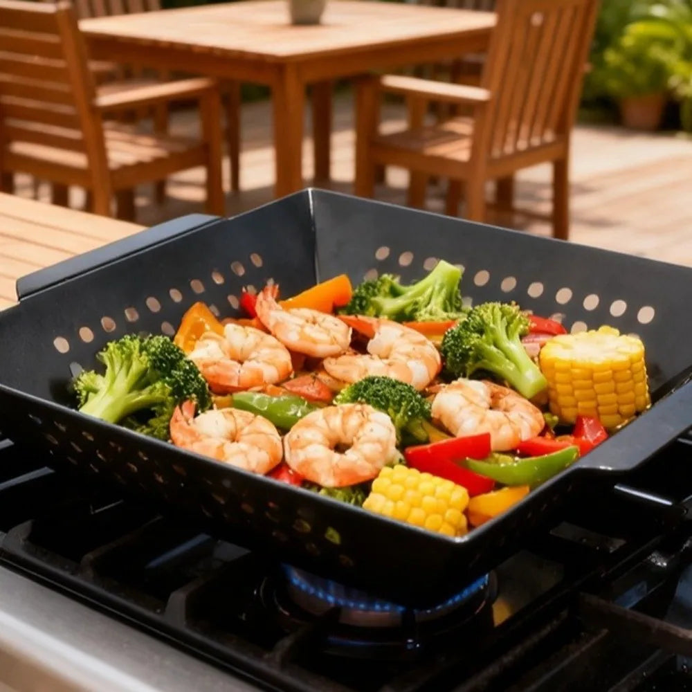 Grill Tool Heat Resistant Barbecue Grill Pan Non-Stick Coated with Drain Holes Grill Basket Cast Iron Square Grill Tray Picnic