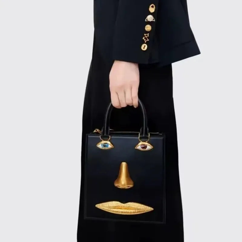 Face Bag Women High Quality Black Leather Luxury Brands Handbag Jewelry Eyes Gold-tone Metal Shoulder Strap Crossbody Bags