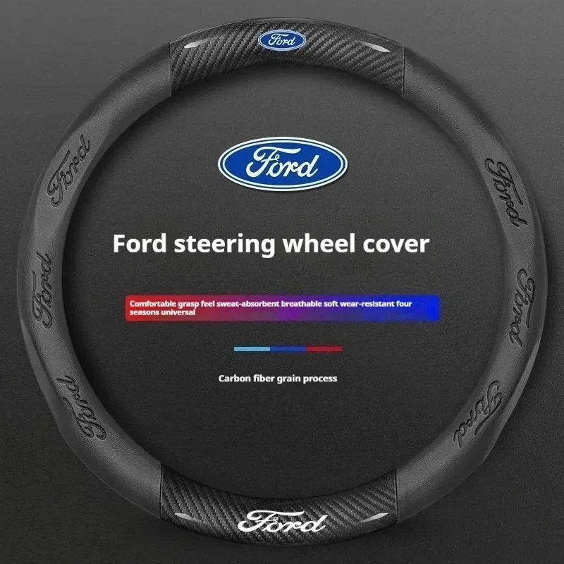 For Ford Mondeo Focus Raptor Puma Edge Explorer Ecosport Ranger F150 Kuga Car AntiSlip Carbon Fiber Leather Steering Wheel Cover