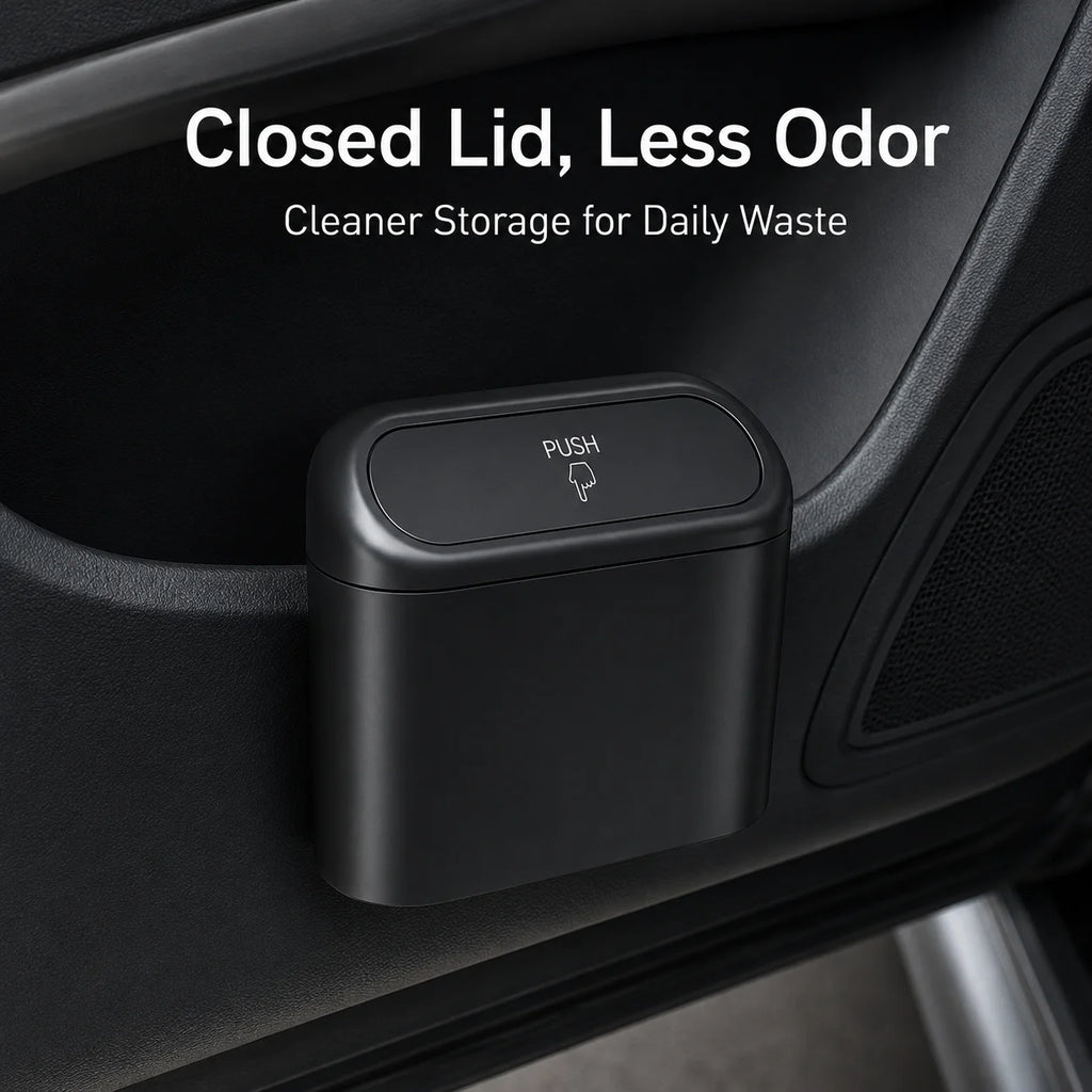 Universal Car Trash Can Organizer Waterproof Clip-On Garbage Bin with Push Lid Bag Roll for BMW Audi Mercedes Benz VW Porsche