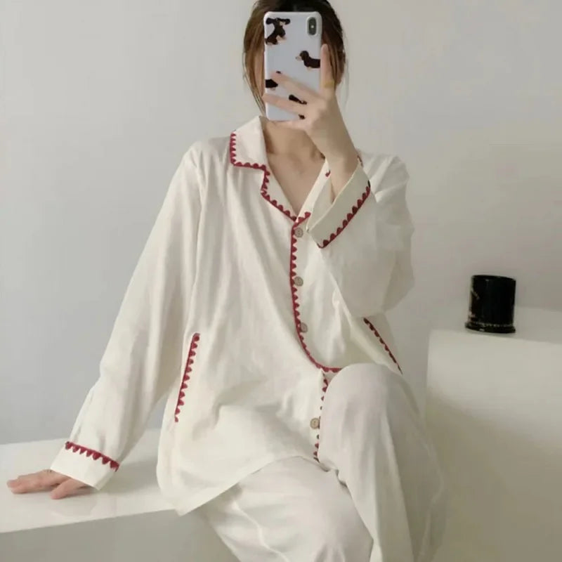 Women's Fashion Cute Plus Size Pajama Sets Comfort Casual Long-Sleeve Cardigan Lapel Top and Long Pants Two-Piece Set Loungewear