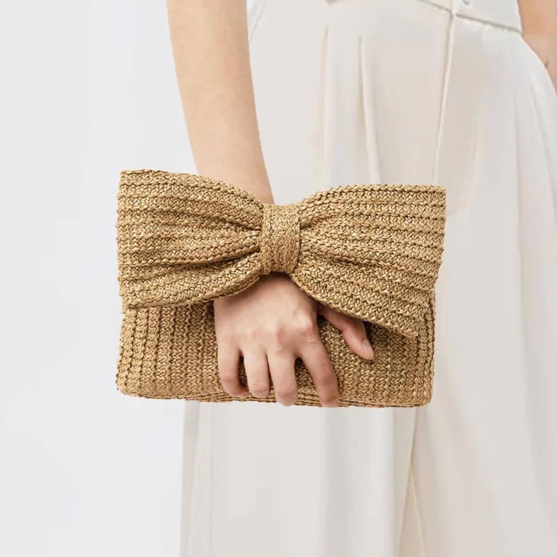 Summer Straw Woven Clutch Bag Women Bow Purse Vacation Beach Tote Party Wedding 2024 New Luxury Design Zipper Evenging Handbags