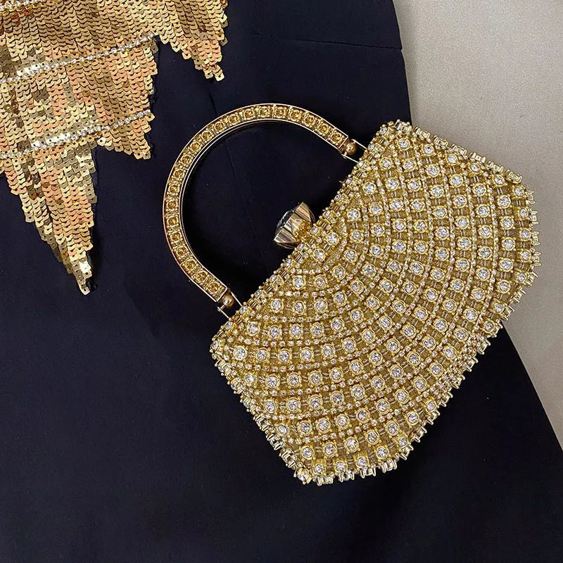 Trendy Gold Rhinestone Bag Fashionable Full Diamond Hand-Held Party Dinner Bag with Polyester Lining